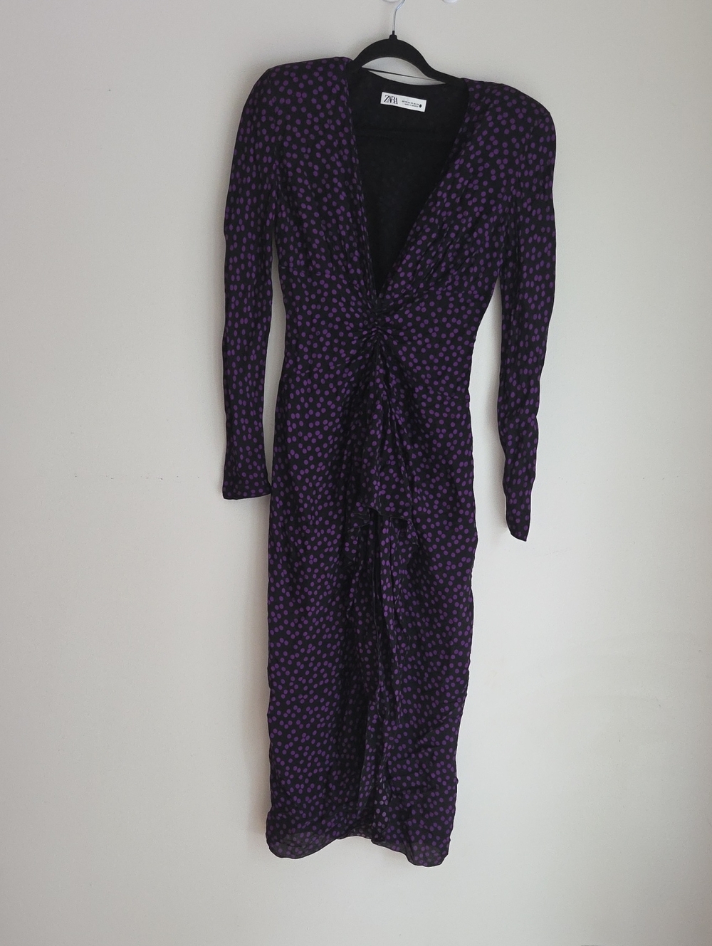 Zara Purple Long Sleeve Knot-Front Polka Dot Midi Dress